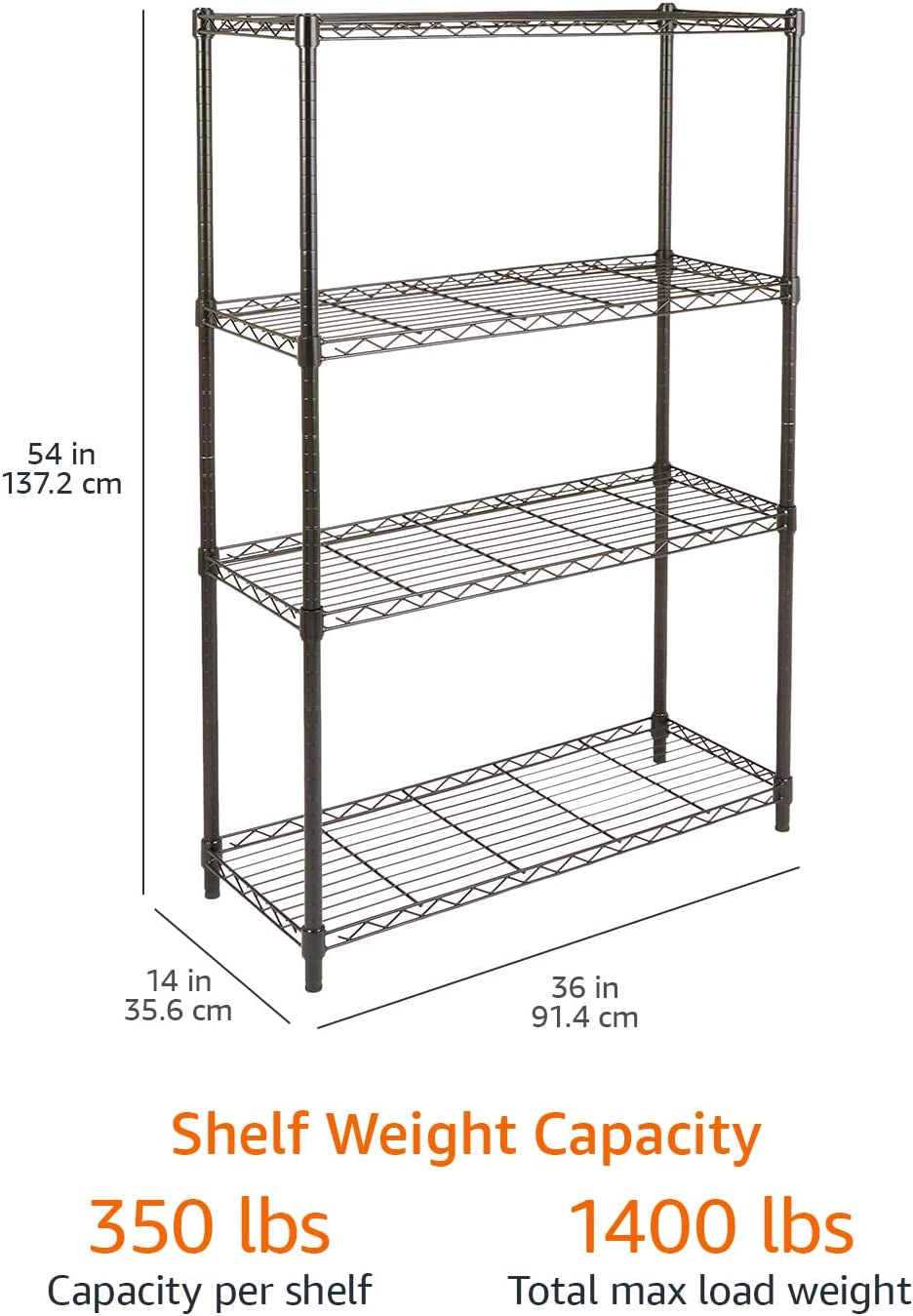 4-Shelf Storage Unit with Adjustable Shelves and Leveling Feet, 640 kg Capacity, Black, 35.6 cm D x 91.4 cm W x 137.1 cm H