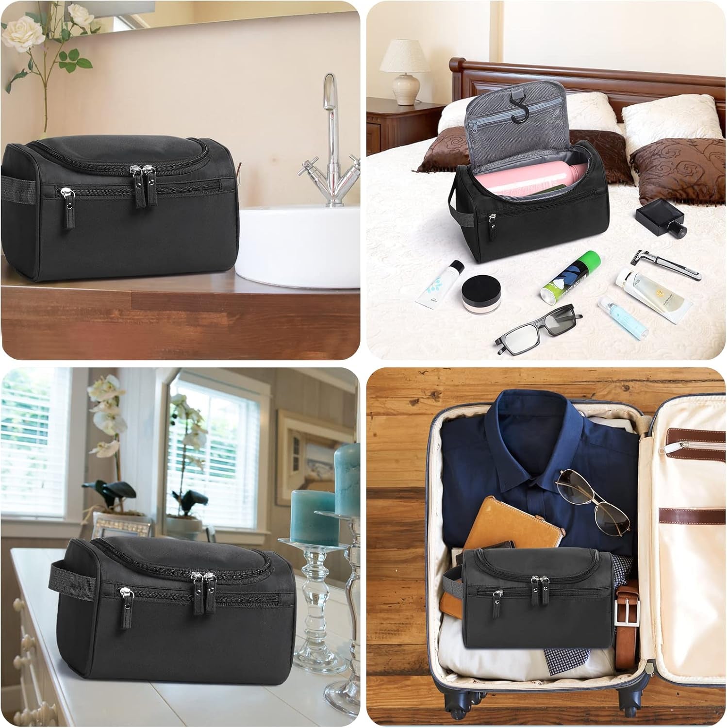 Waterproof Hanging Toiletry Bag for Travel - Unisex Makeup Organizer (Black)