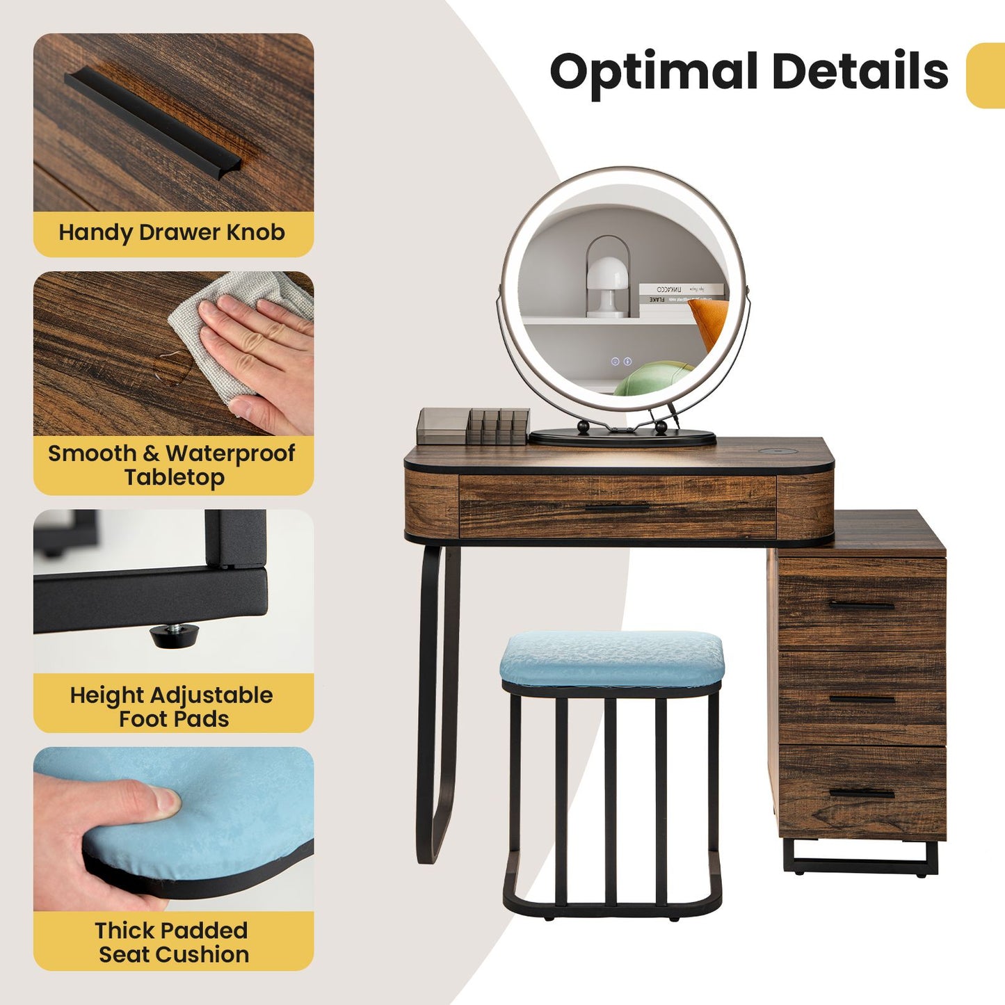 Vanity Table and Stool Set with Adjustable 3-Color Touch Screen Lighted Swivel Mirror