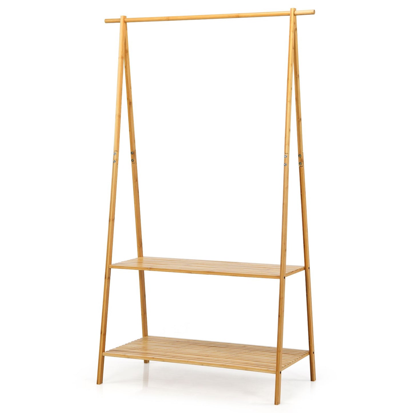 Bamboo Clothing Rack with Hanging Rod, Two Shelves, and Hooks