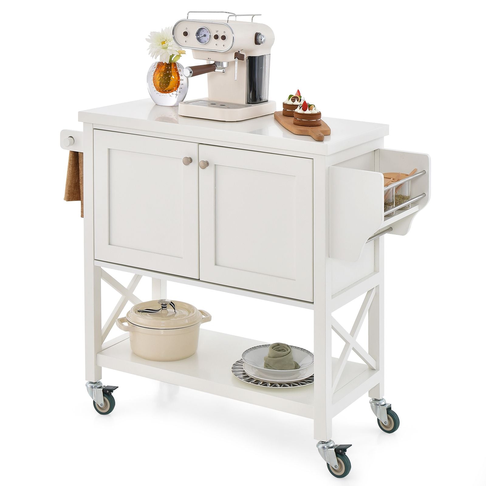 Kitchen Cart with Storage Cabinet, Towel Rack, and Spice Rack