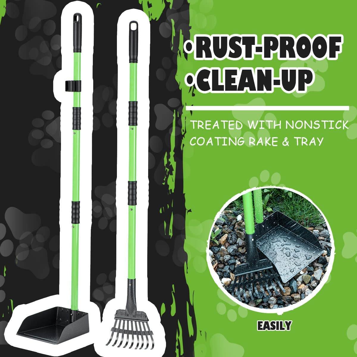 Ultimate Heavy-Duty Dog Pooper Scooper Set - Long Handle Stainless Steel Tray & Rake for Easy Cleanup on Grass, Dirt, or Gravel - Perfect for Medium & Small Dogs (Green)