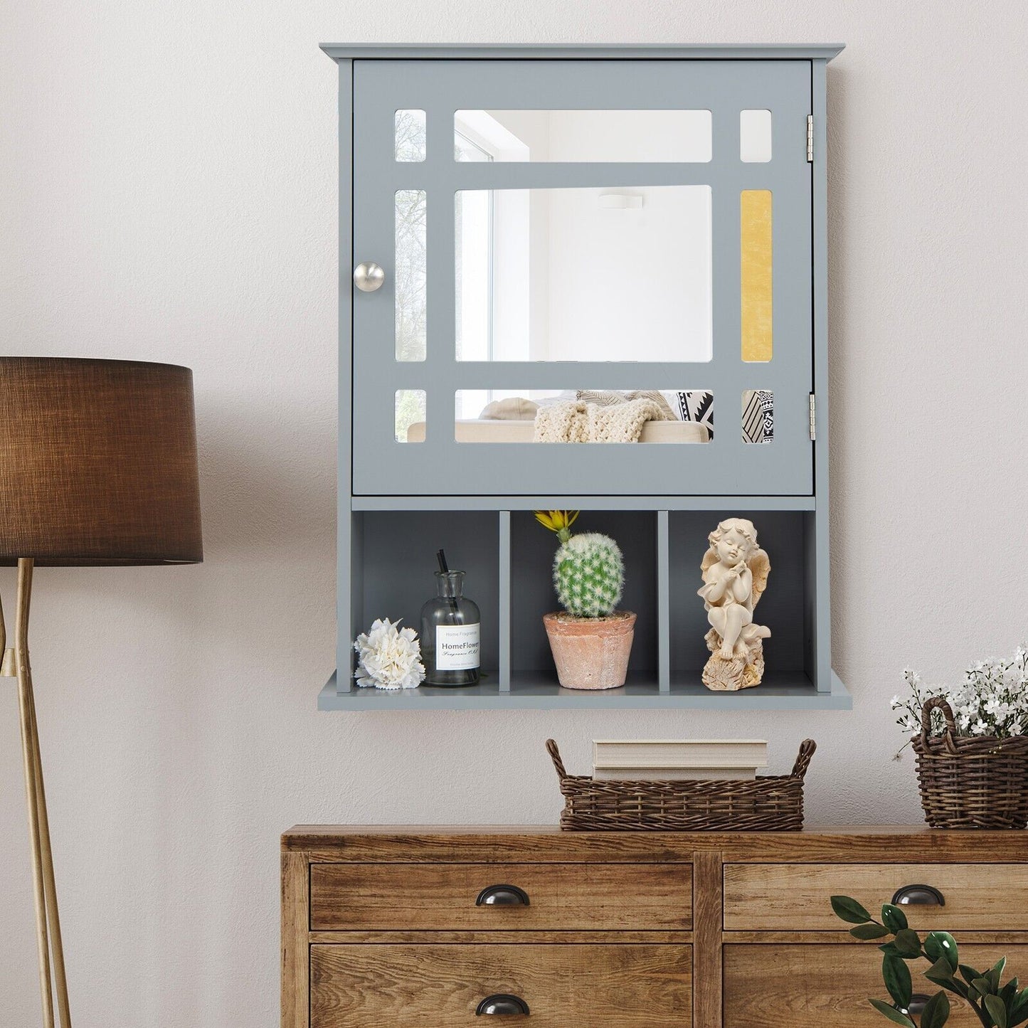 Mirror Door Bathroom Cabinet with Adjustable Shelf and 3 Compartments