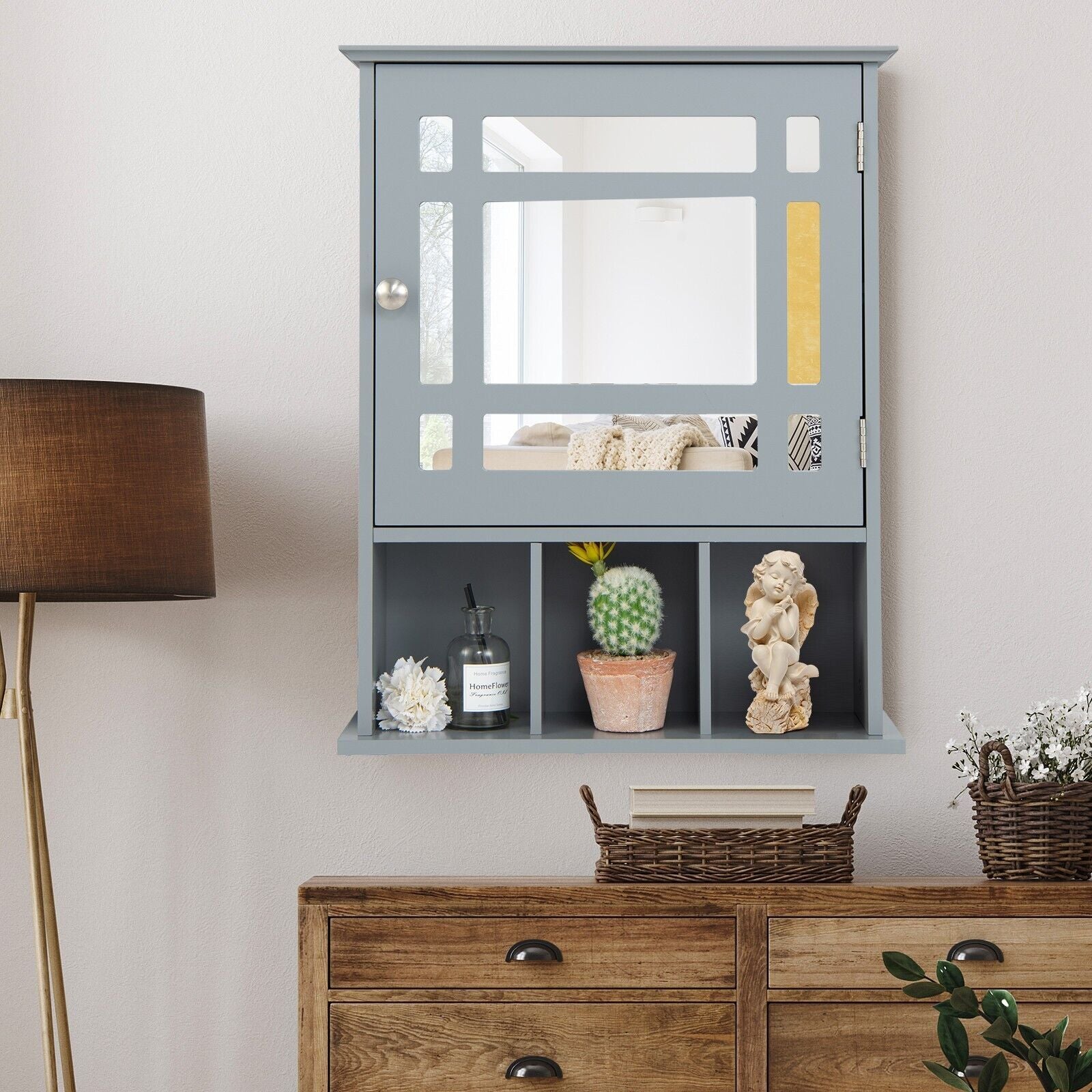 Mirror Door Bathroom Cabinet with Adjustable Shelf and 3 Compartments