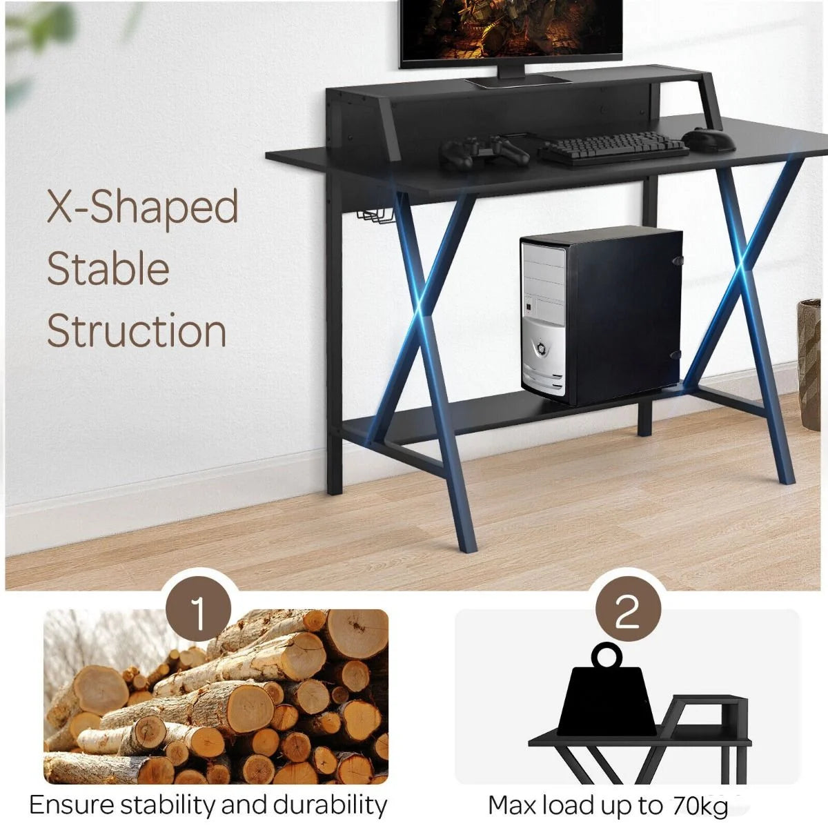 Ergonomic X-Shaped Gaming Desk with Integrated Cup Holder and Monitor Riser