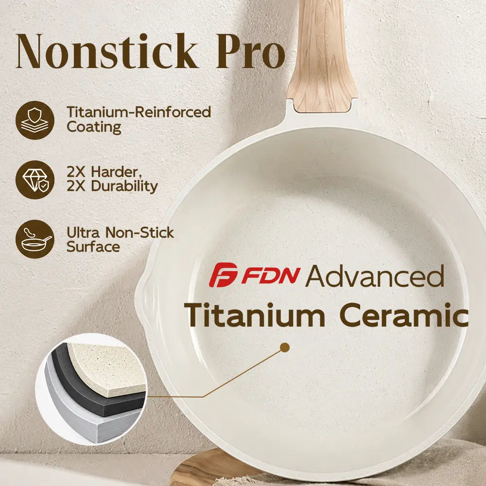 16-Pc Aesthetic Cookware Set - Non-Toxic, PFAS-Free Titanium Ceramic Granite Pots & Pans, Easy-Clean, Oven & Dishwasher Safe, Induction Ready with Fry Pan, Glass Lids & Utensils - Perfect Kitchen Upgrade!