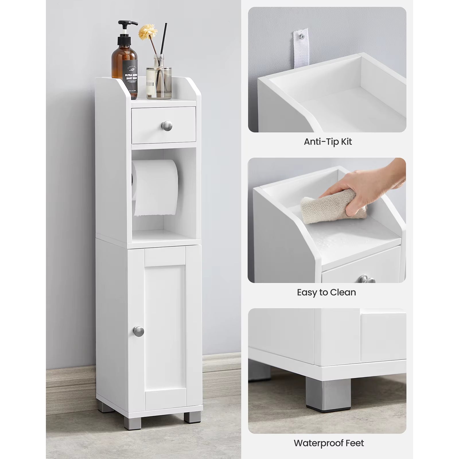 Compact Bathroom Storage Cabinet with Toilet Paper Holder - Stylish Organizer for Small Spaces