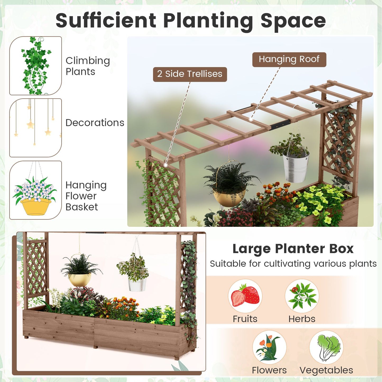 Elevated Garden Bed with Dual Trellis System and Canopy Roof