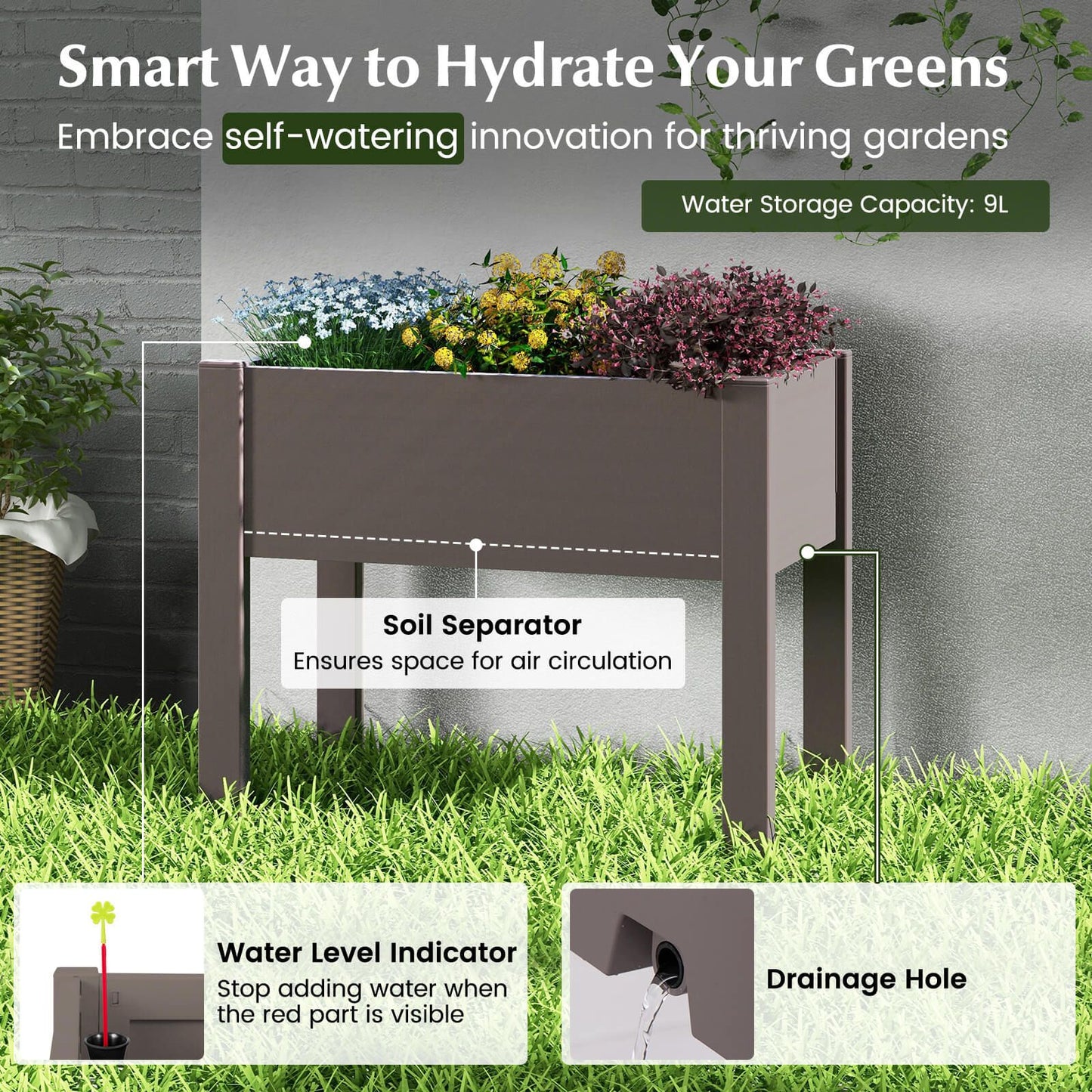 53L Elevated Garden Bed with Water Level Indicator and Drainage Feature