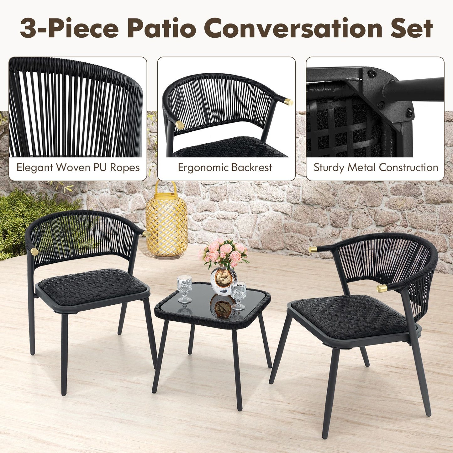 Three-Piece Outdoor Wicker Furniture Set Featuring Tempered Glass Coffee Table