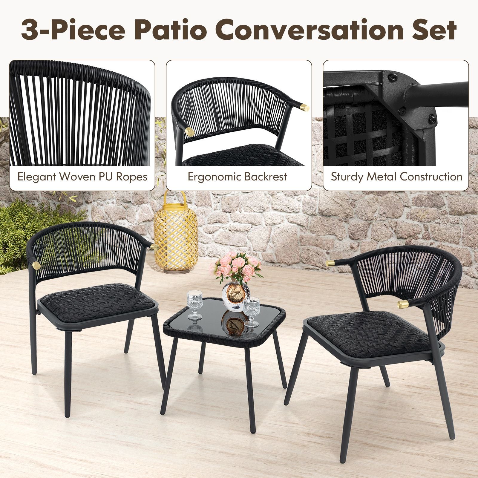 Three-Piece Outdoor Wicker Furniture Set Featuring Tempered Glass Coffee Table