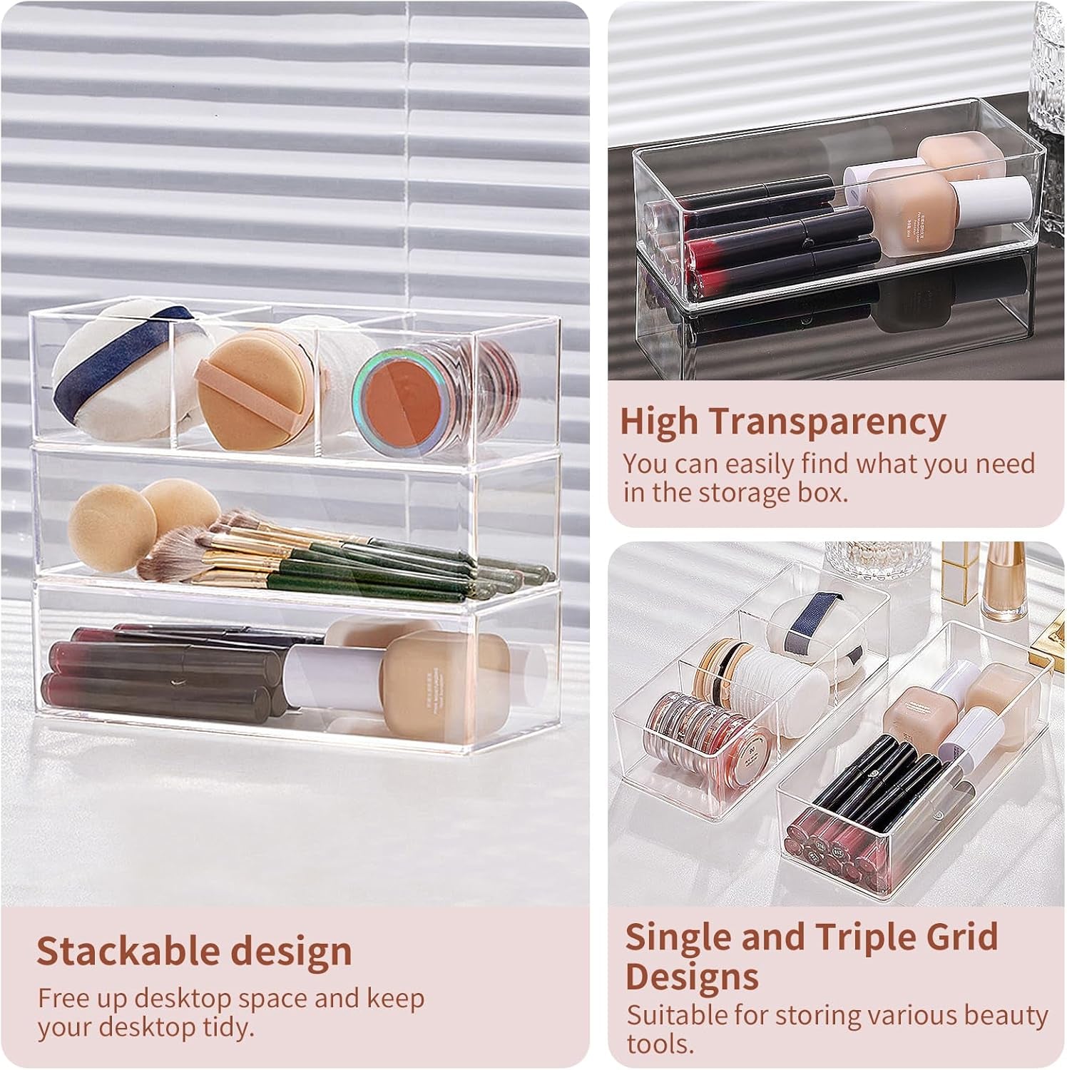 Set of 2 Acrylic Makeup Drawer Organizers with 3-Compartment and 1-Compartment Design, Stackable Clear Cosmetic Storage for Eyeshadow, Lipstick, and Other Makeup Essentials