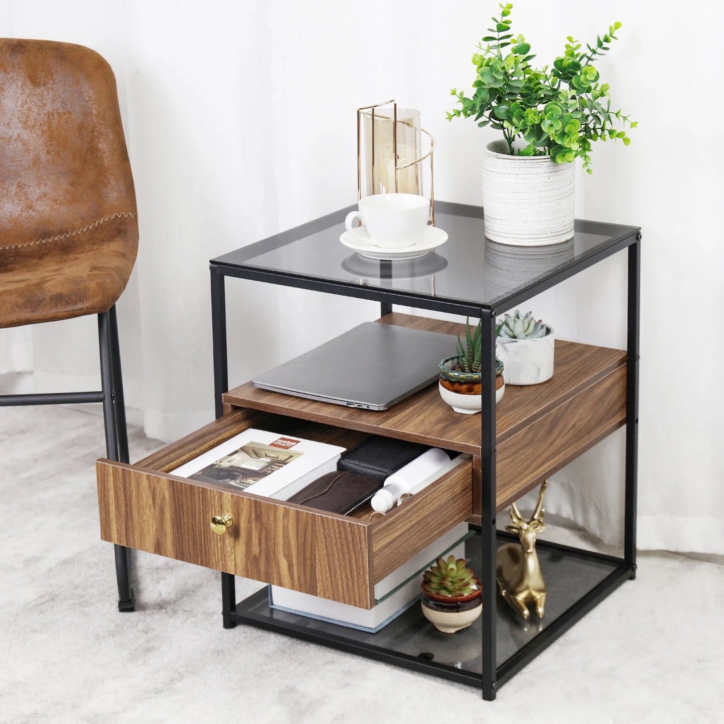 Tempered Glass Side Table with Drawer and Shelf.