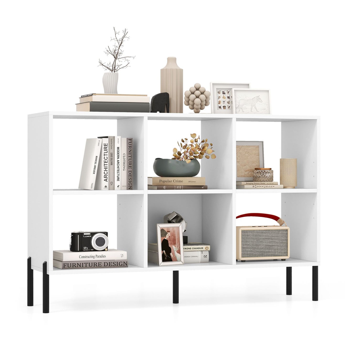 6-Cube Storage Bookcase Wooden Open Bookshelf with 5 Metal Legs