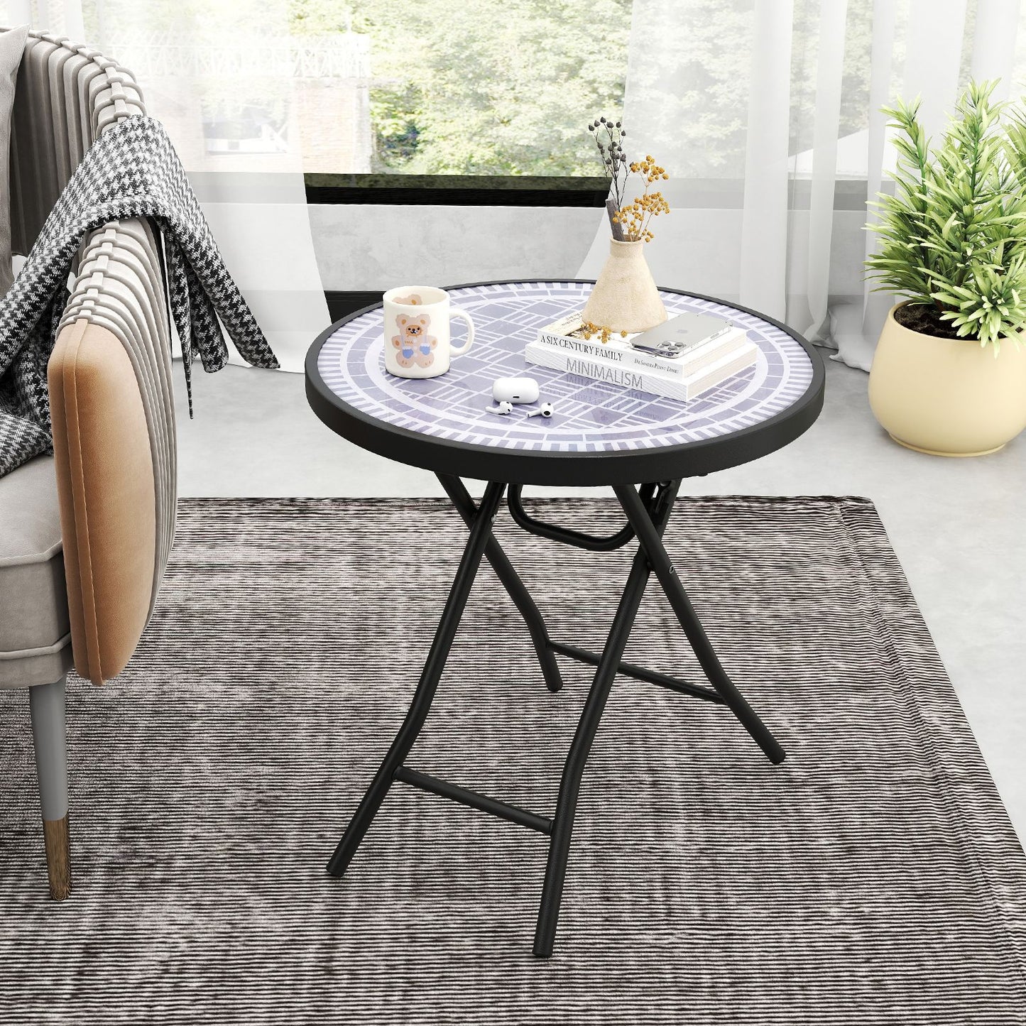 Round Folding Patio Coffee Table with Tempered Glass Top