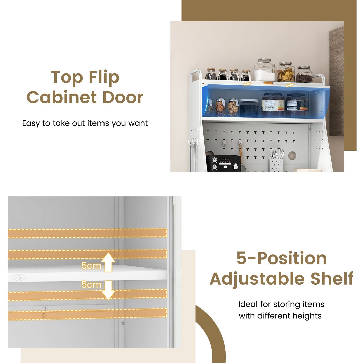 Freestanding Kitchen Pantry Storage Cabinet with Integrated Pegboard Baker Rack