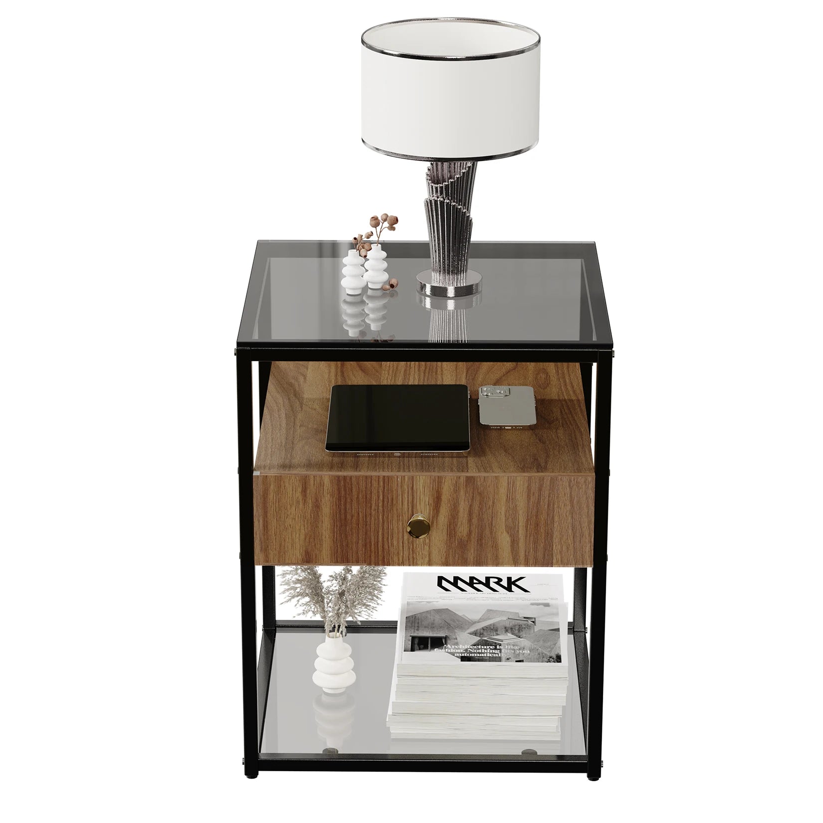 Tempered Glass Side Table with Drawer and Shelf.