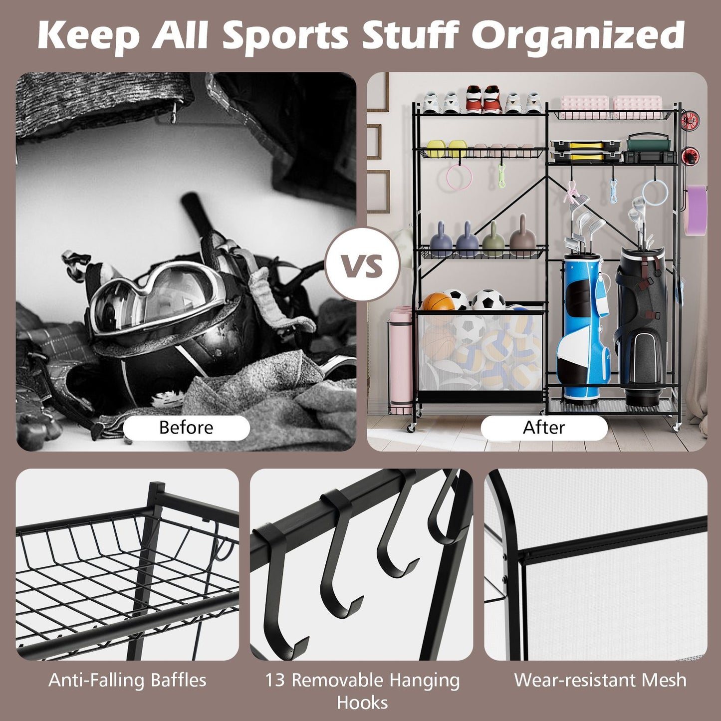 Metal Sports Equipment Organizer with Adjustable Shelving for Ball Storage