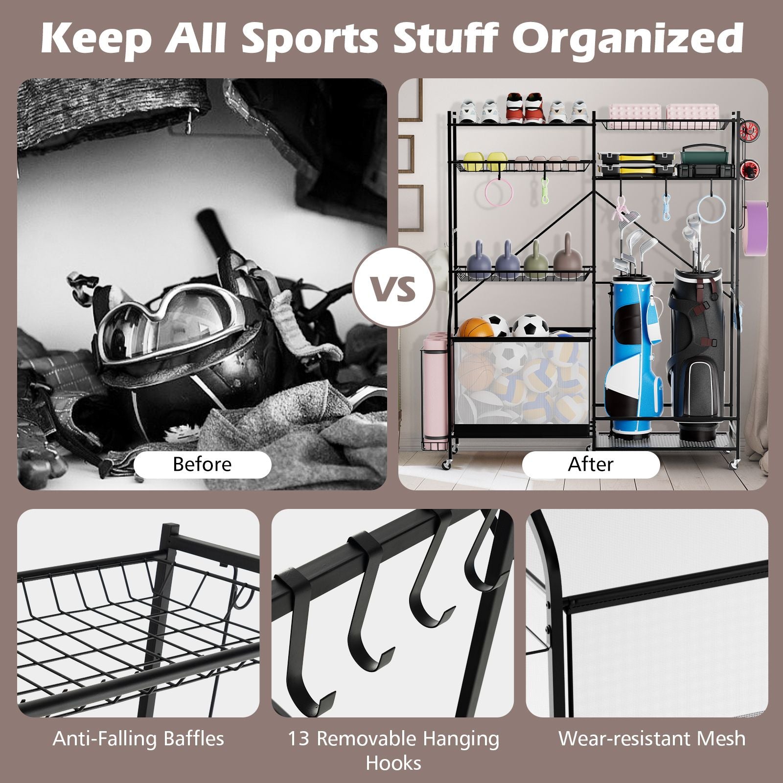 Metal Sports Equipment Organizer with Adjustable Shelving for Ball Storage
