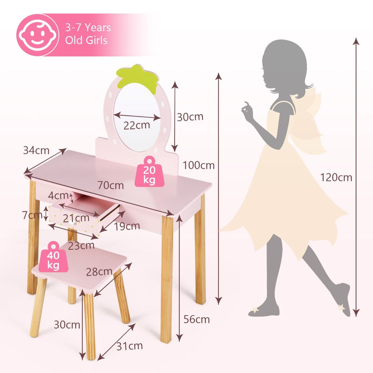 Enchanting Toddler Girls' Dressing Table with Mirror & Stylish Storage Drawer