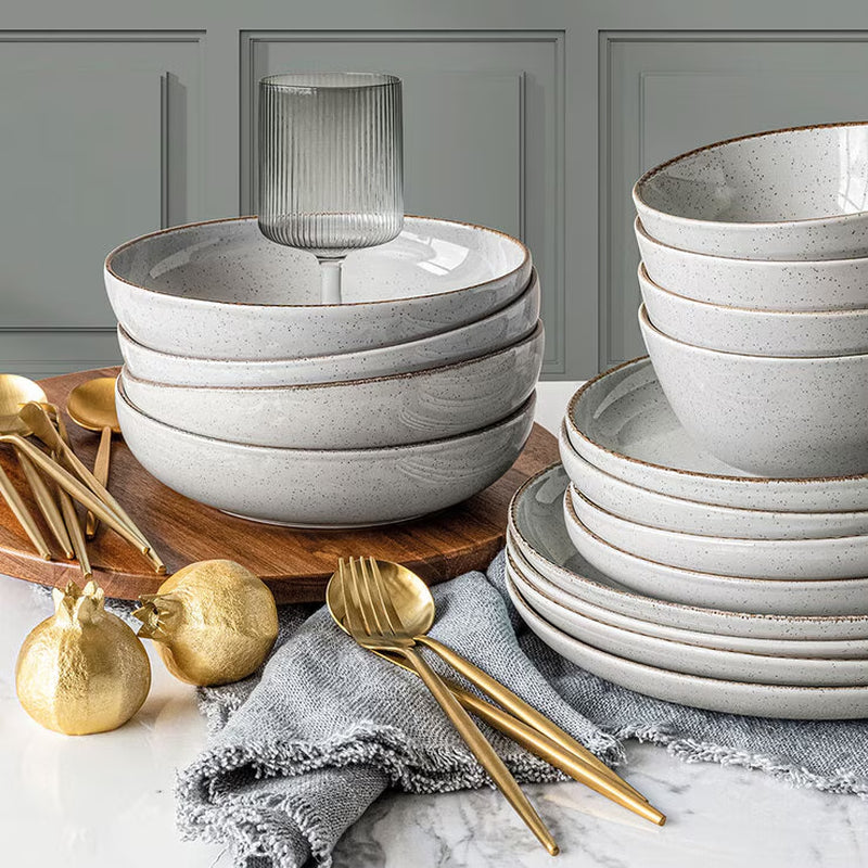 Over & Back Stoneware Dinnerware Set, 16 Piece in Light Grey