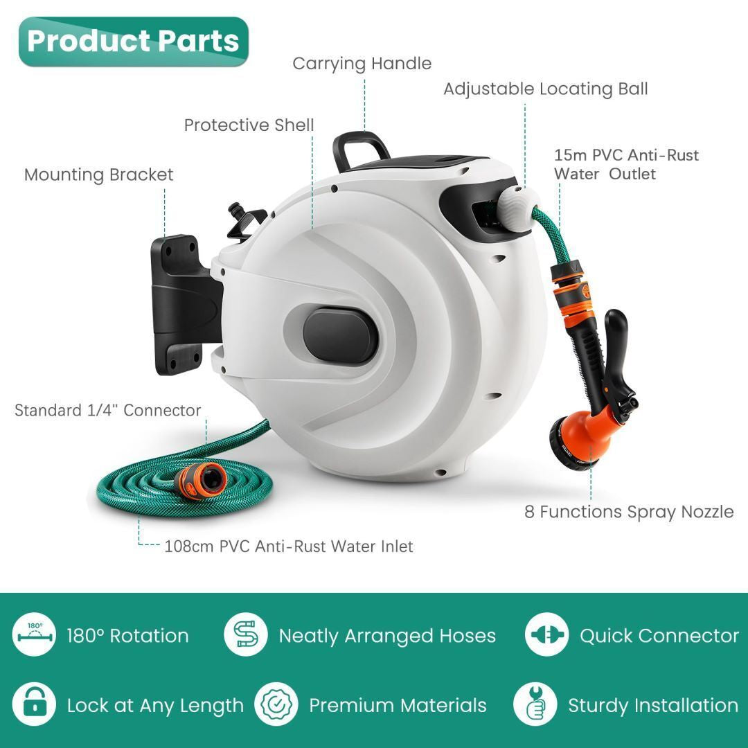 Retractable Wall-Mounted Hose Reel with Automatic Rewind for Efficient Watering
