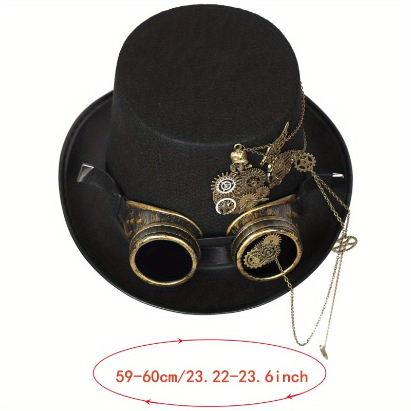 Heavy Metal Chain Teeth Skull Steampunk Hat with Detachable Goggles - Adjustable Unisex Gothic Victorian Accessory for Halloween, Cosplay & Role Play (22.83-23.23inch, Lightweight)