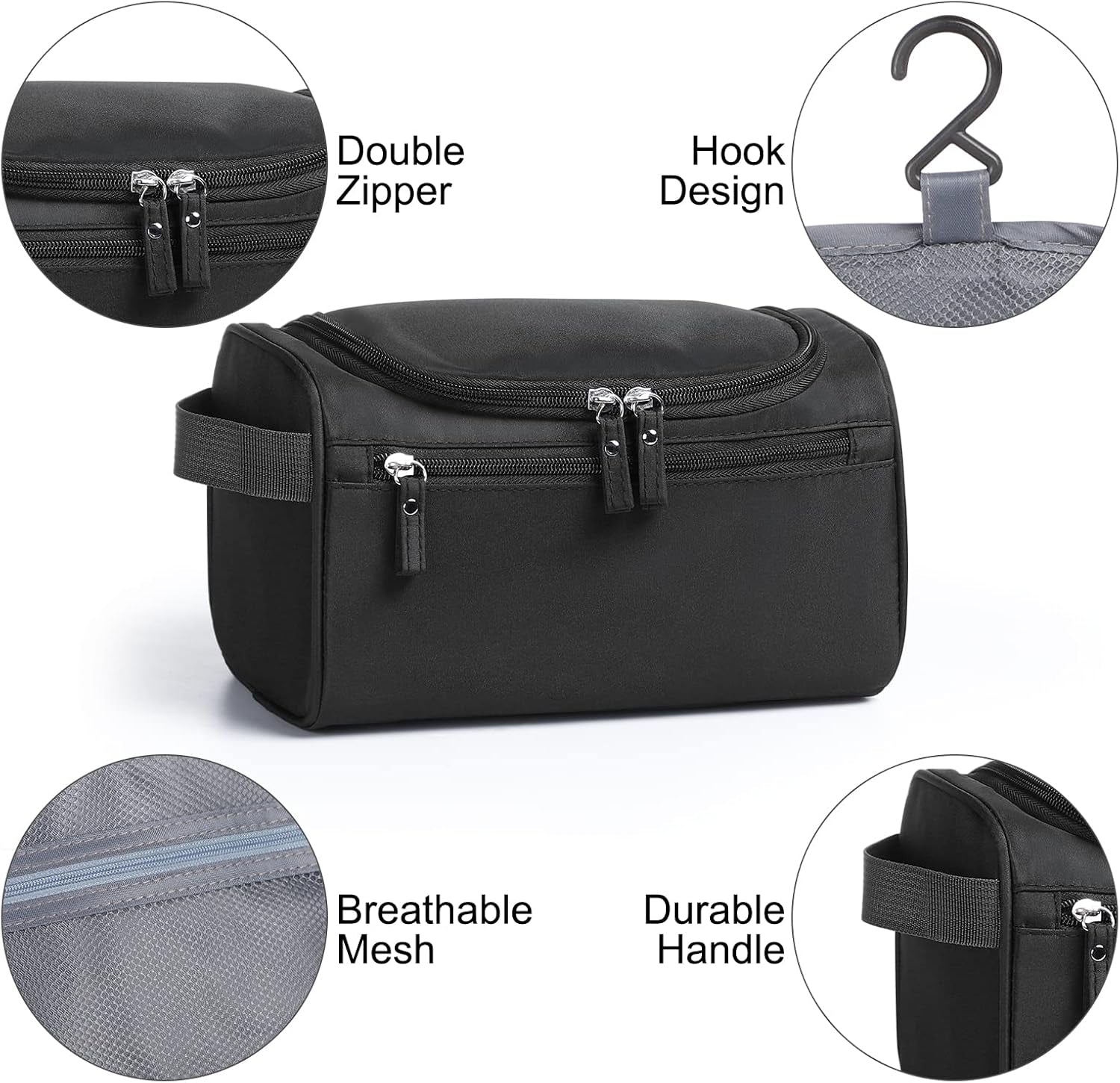 Waterproof Hanging Toiletry Bag for Travel - Unisex Makeup Organizer (Black)