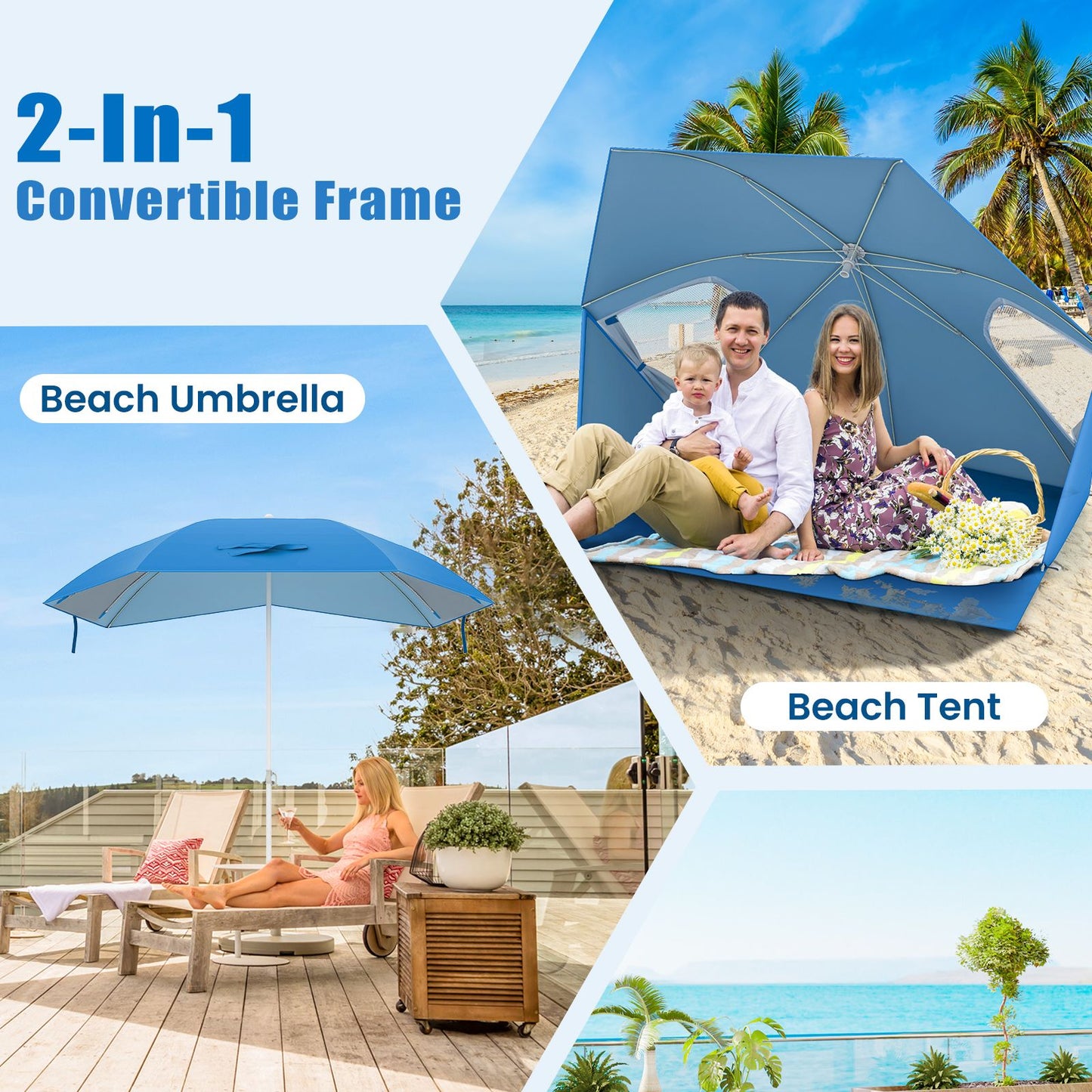Convertible Beach Tent for 2-4 People with Roll-Up Windows