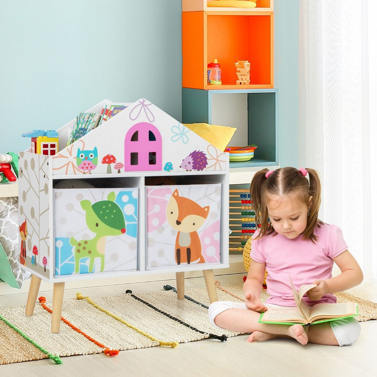 Children's House-Shaped Bookshelf with Two Storage Bins and Elevated Solid Wood Legs