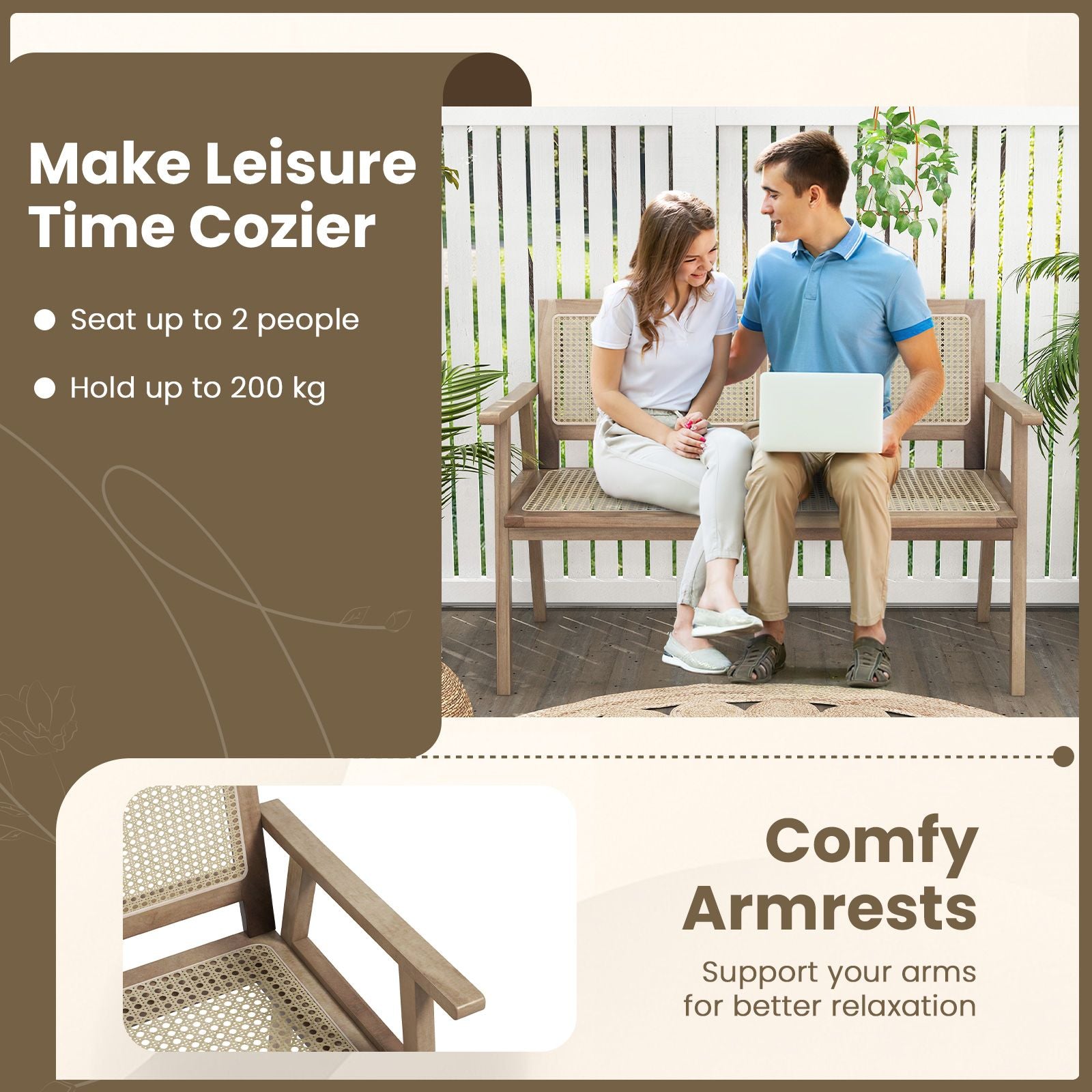 Teak Wood Outdoor Garden Bench with Armrests and Rattan Backrest and Seat