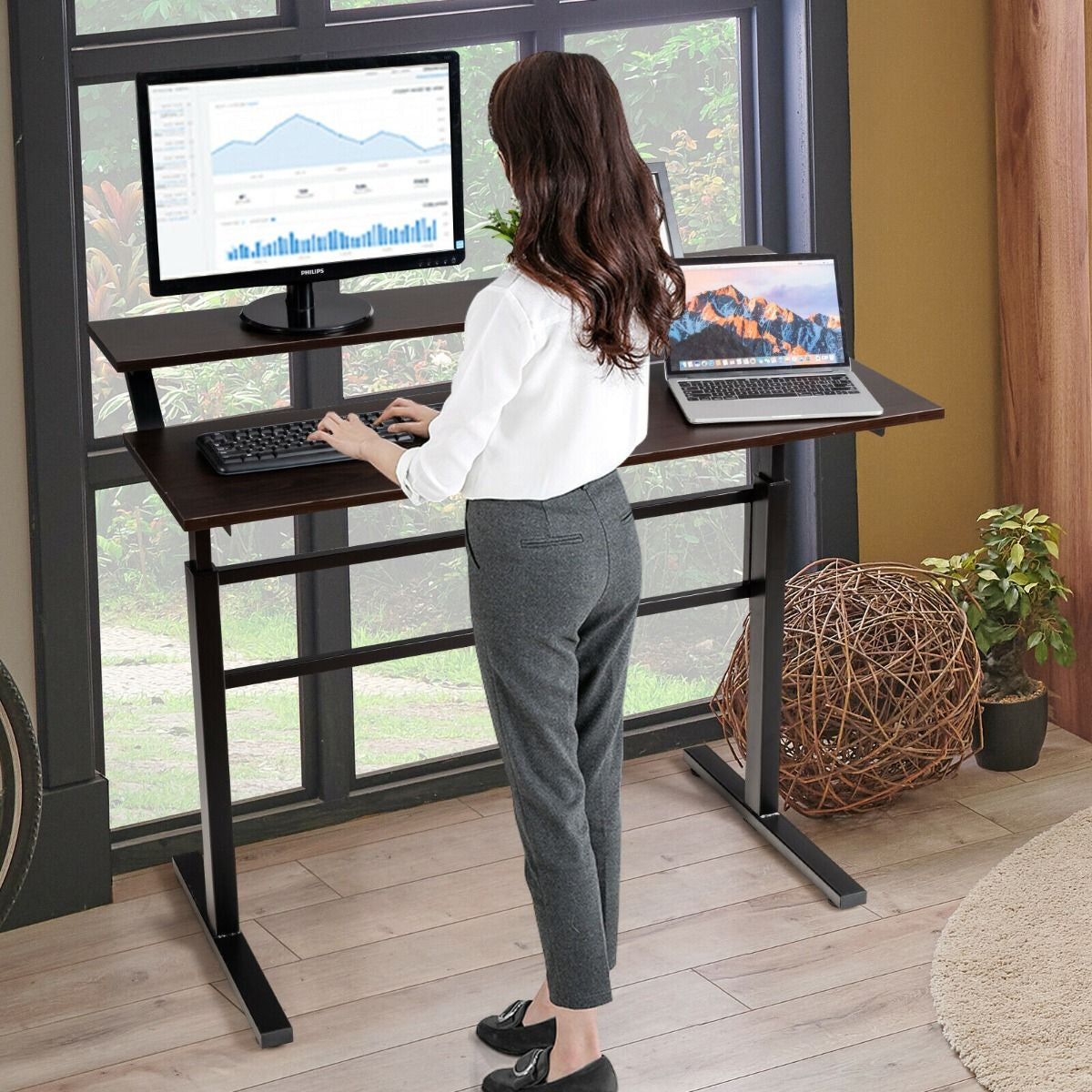 2-Tier Standing Desk with Adjustable Height and Crank Handle
