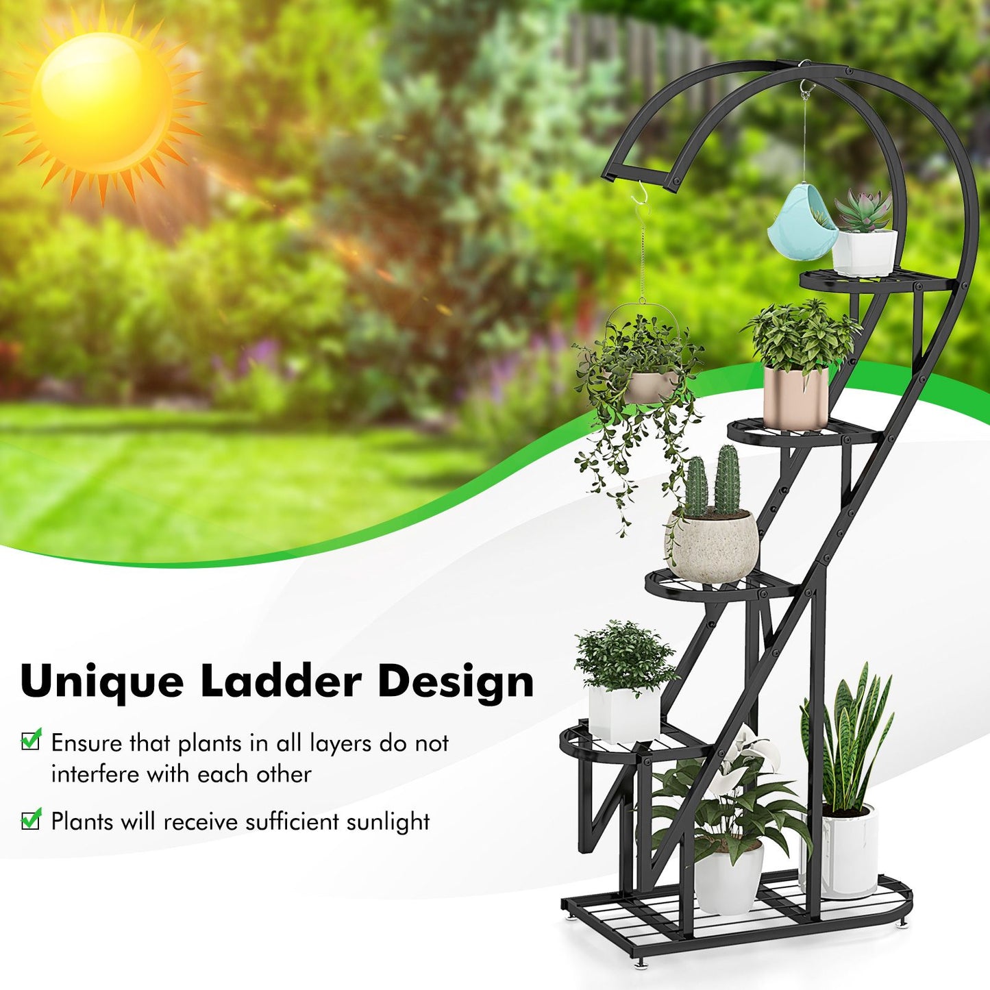 5-Tier Metal Heart-Shaped Plant Stand with Integrated Hanging Hooks