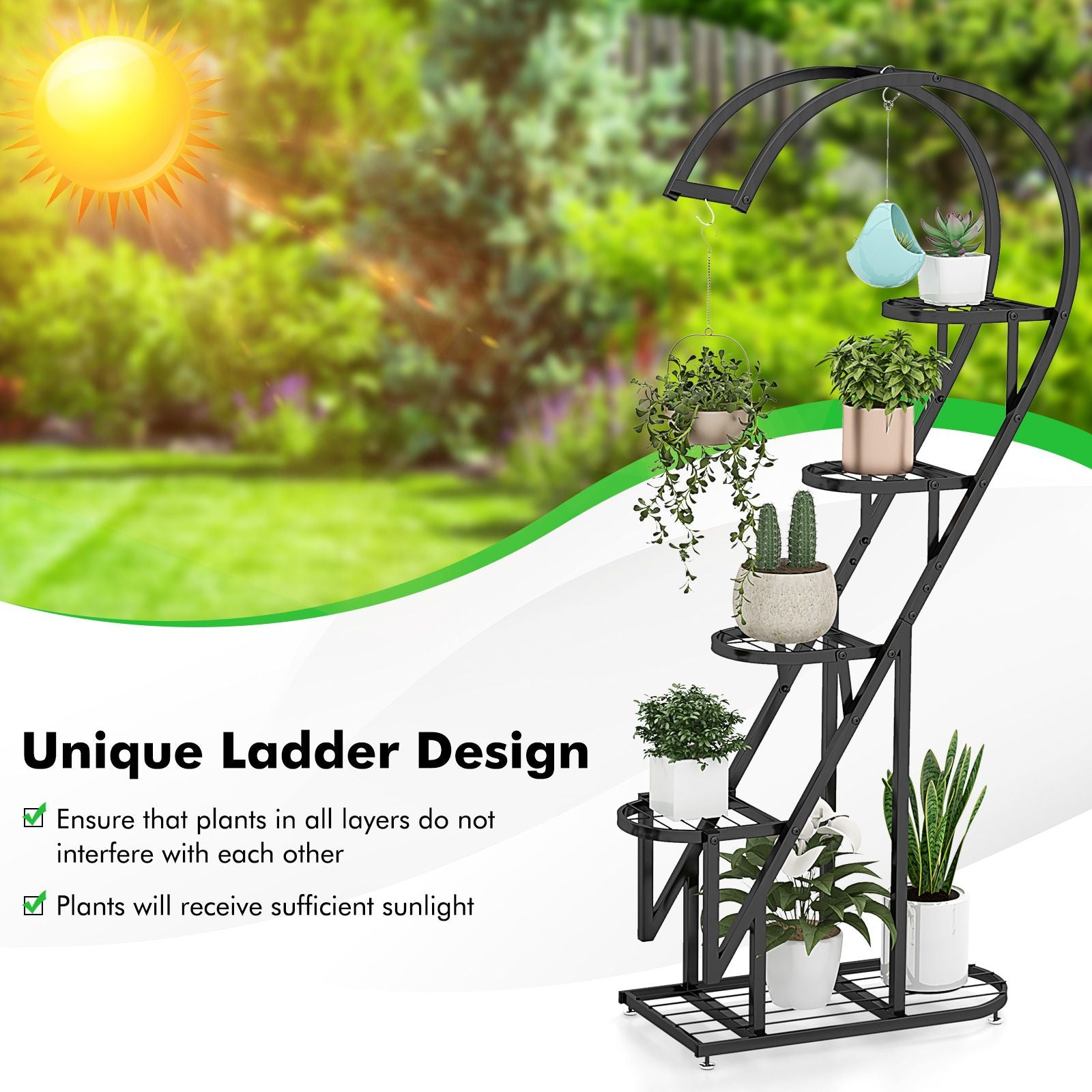 5-Tier Metal Heart-Shaped Plant Stand with Integrated Hanging Hooks