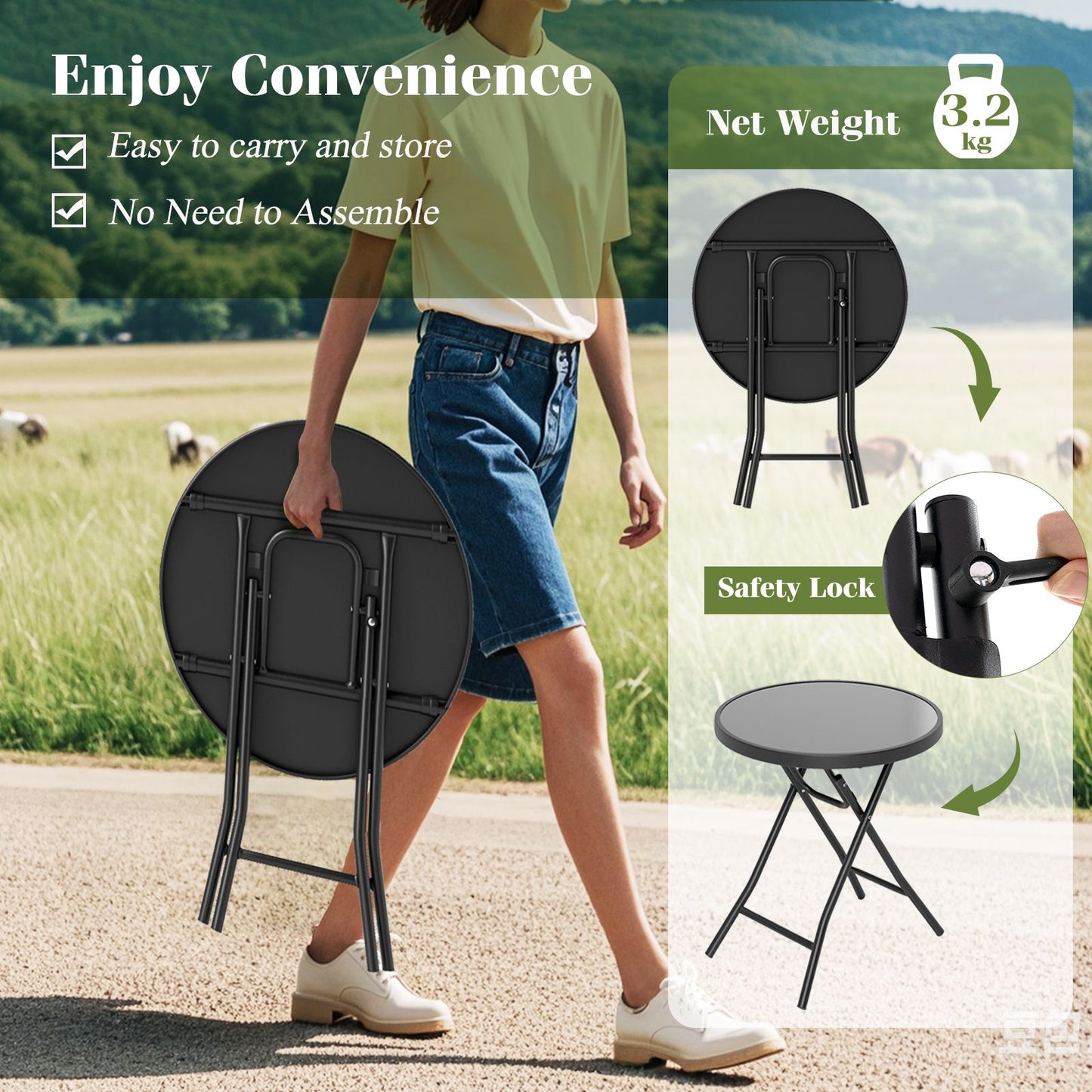 Round Folding Patio Coffee Table with Tempered Glass Top
