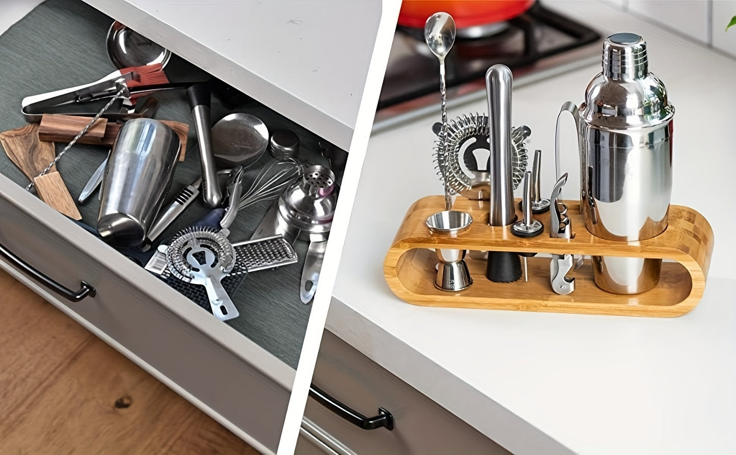 Heavy-Duty Stainless Cocktail Shaker Set & Bar Tools with Bamboo Stand