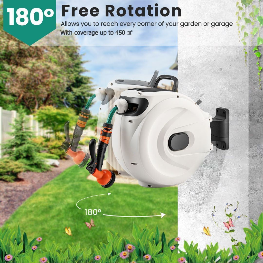 Retractable Wall-Mounted Hose Reel with Automatic Rewind for Efficient Watering