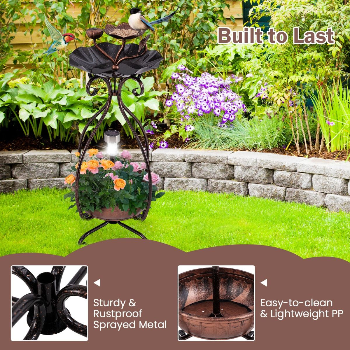 79 cm Solar-Powered Outdoor Bird Bath with Floral Planter Base and Integrated LED Lighting