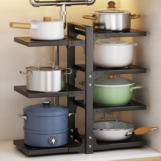 7-Tier Adjustable Heavy-Duty Pan Organizer - Versatile Pot and Pan Rack for Kitchen Counter and Cabinet Storage