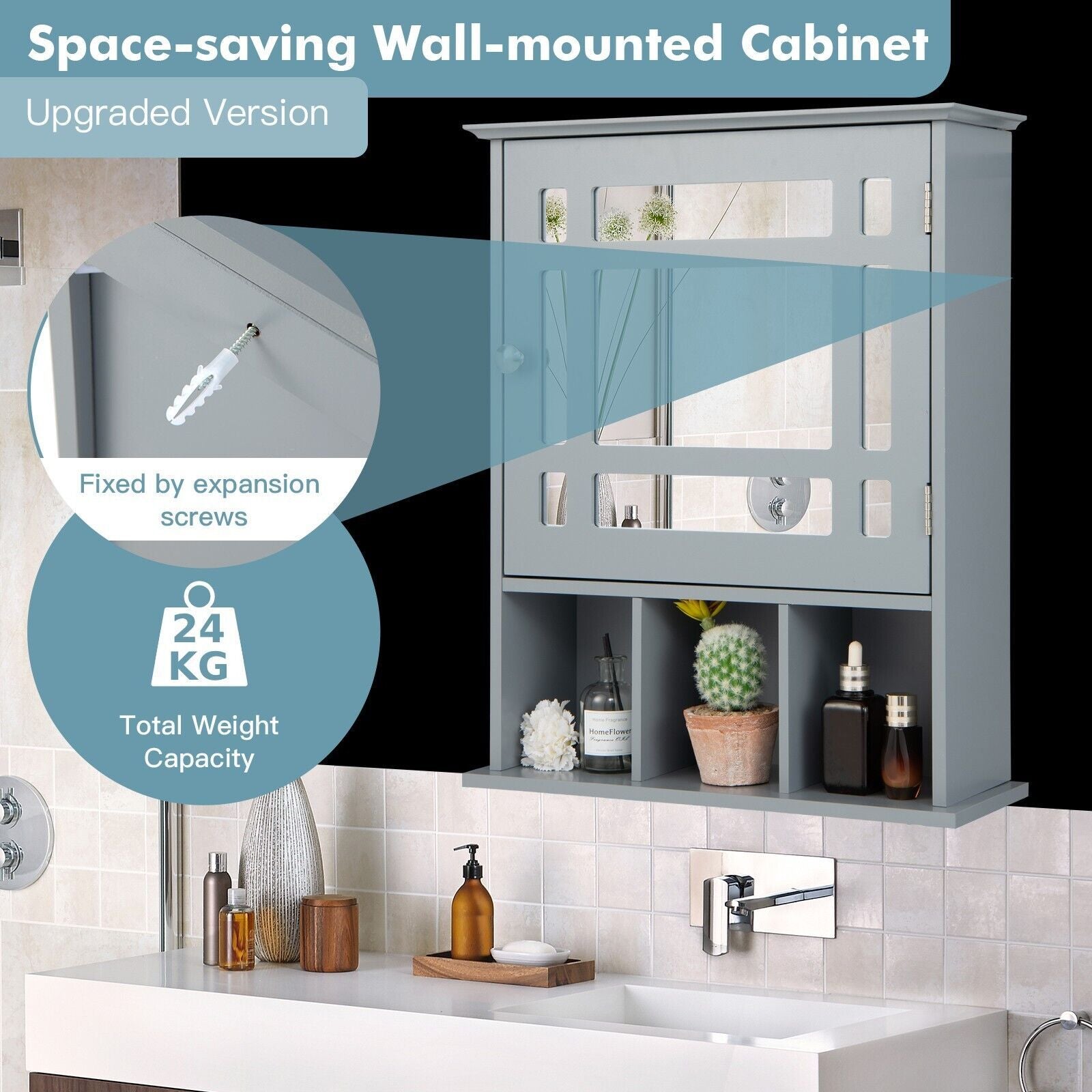 Mirror Door Bathroom Cabinet with Adjustable Shelf and 3 Compartments