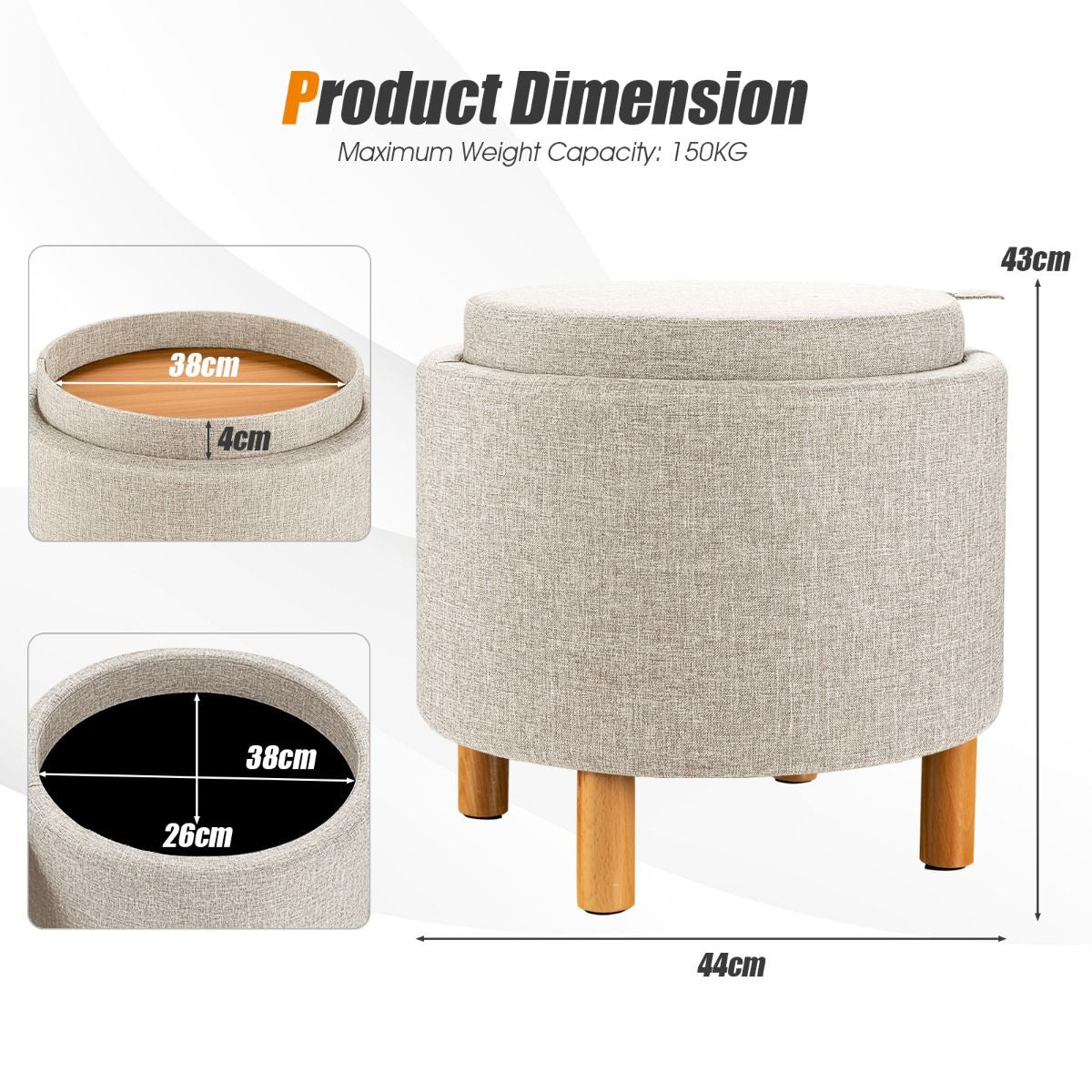 Contemporary Round Padded Ottoman with Concealed Storage Compartment