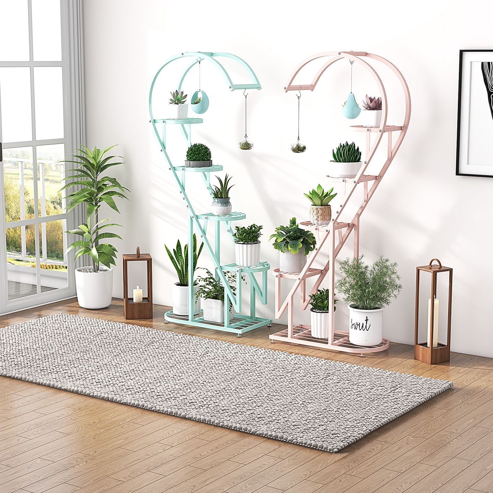 5-Tier Metal Heart-Shaped Plant Stand with Integrated Hanging Hooks