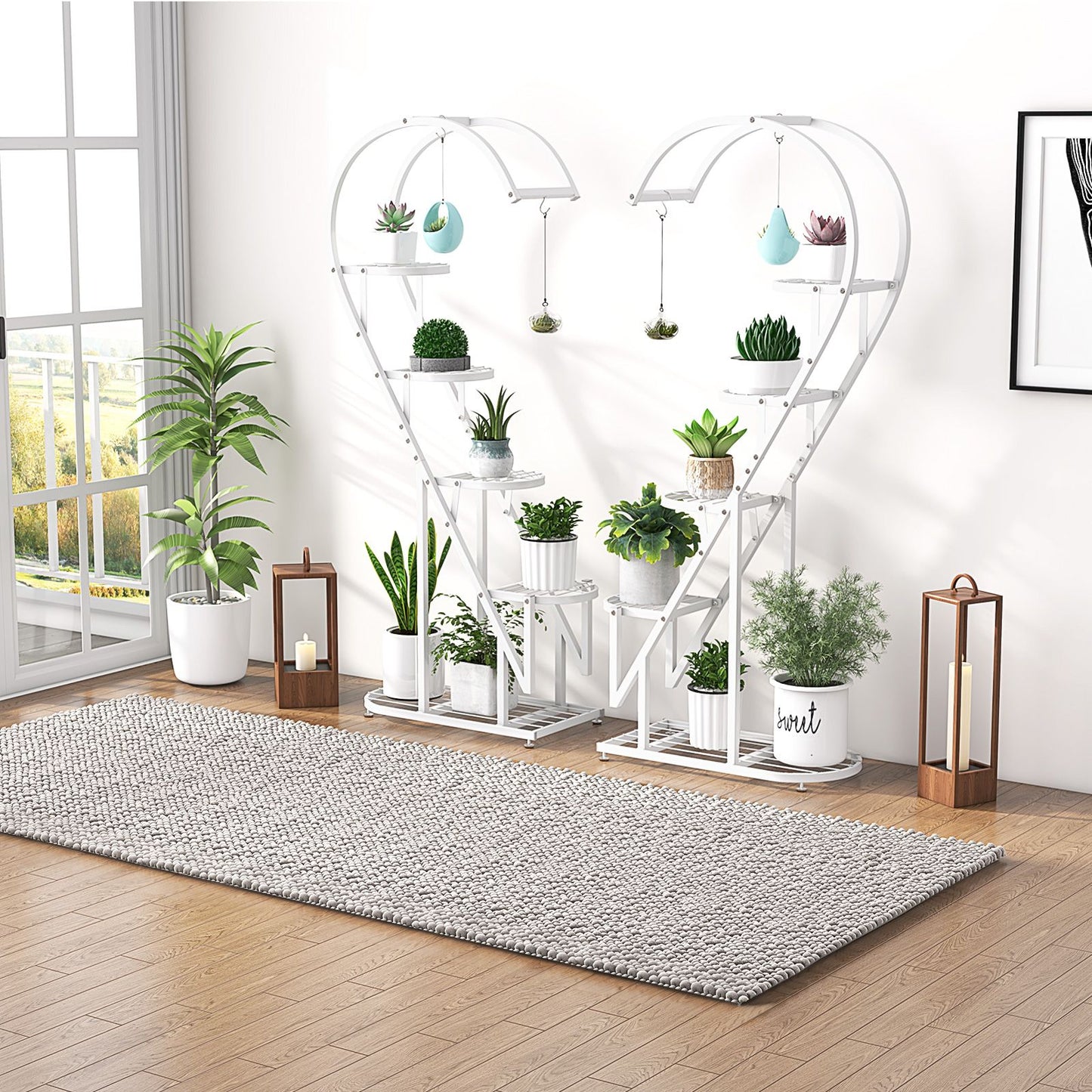 5-Tier Metal Heart-Shaped Plant Stand with Integrated Hanging Hooks