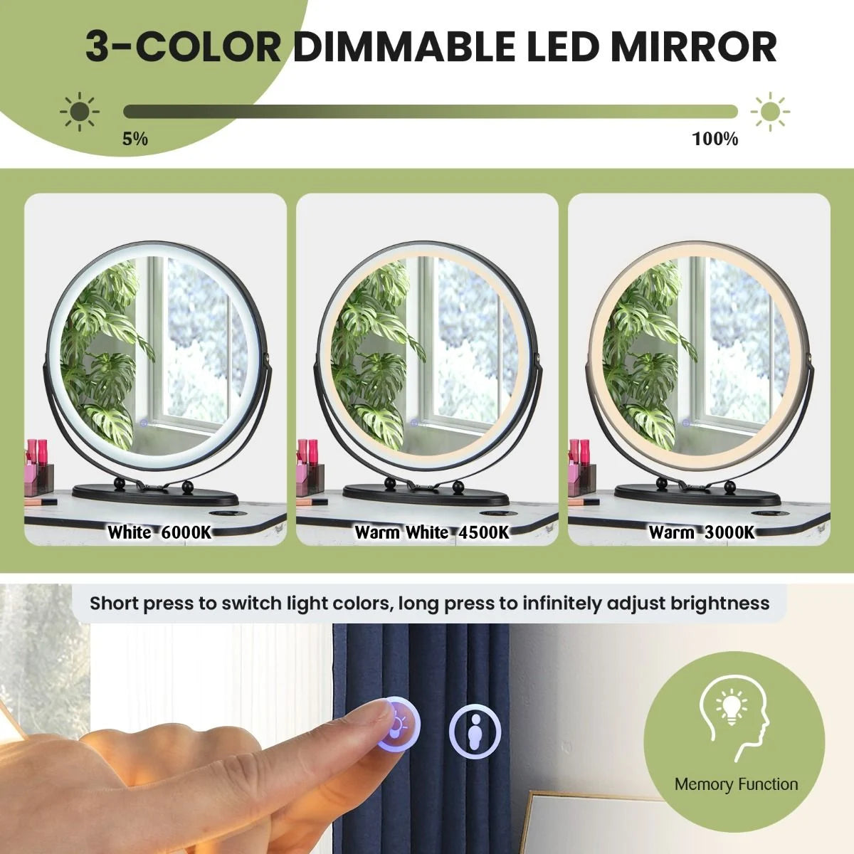 Vanity Table and Stool Set with Adjustable 3-Color Touch Screen Lighted Swivel Mirror