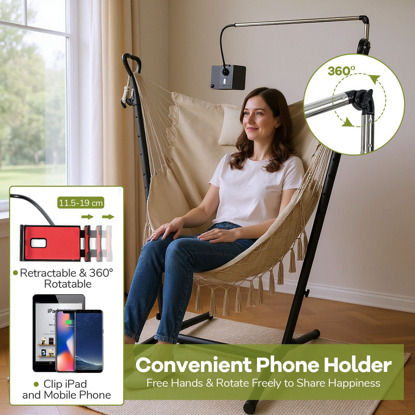 Hammock Chair with Stand and Integrated Phone Holder