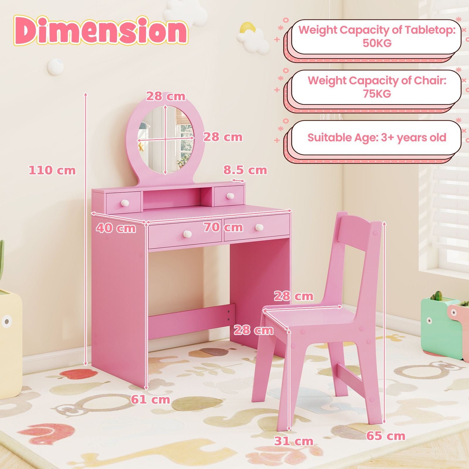 Children's Vanity Set Featuring Open Shelf and Four Storage Drawers