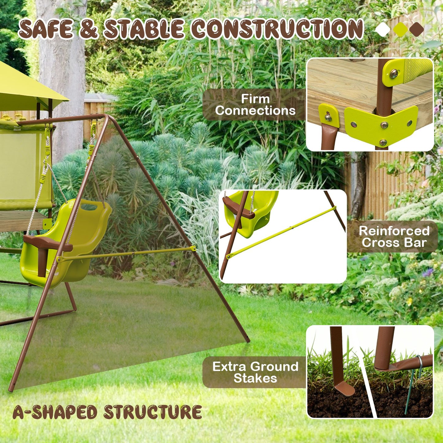 Height-Adjustable 4-in-1 Swing Set with Metal Frame and Ground Stakes