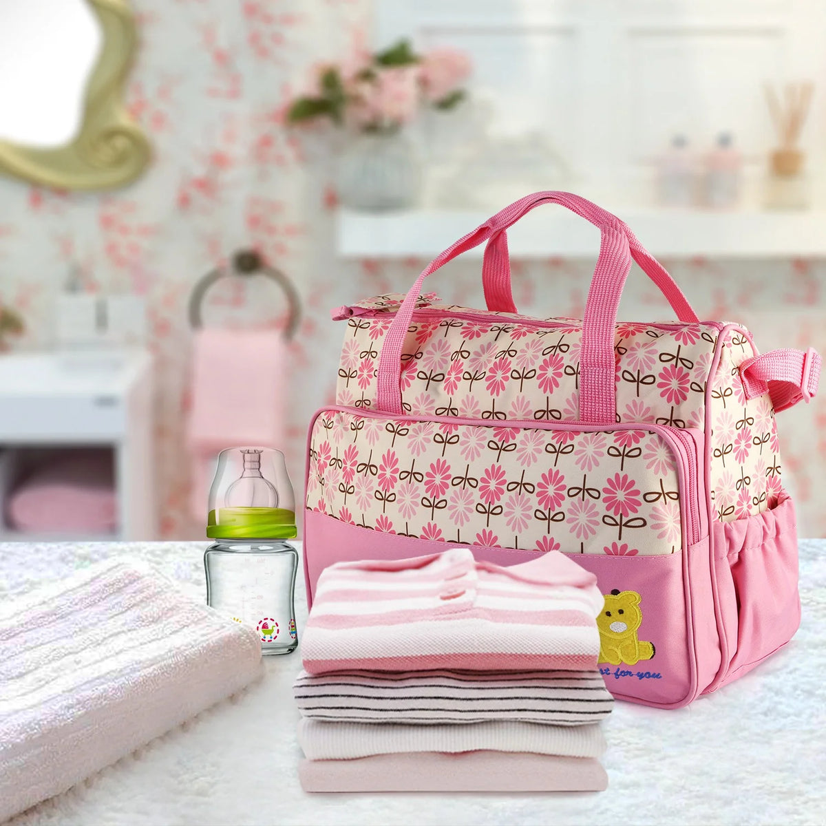 5PCS Baby Diaper Bag Set - Stylish Travel Tote with Changing Pad & Insulated Pockets for Moms & Dads