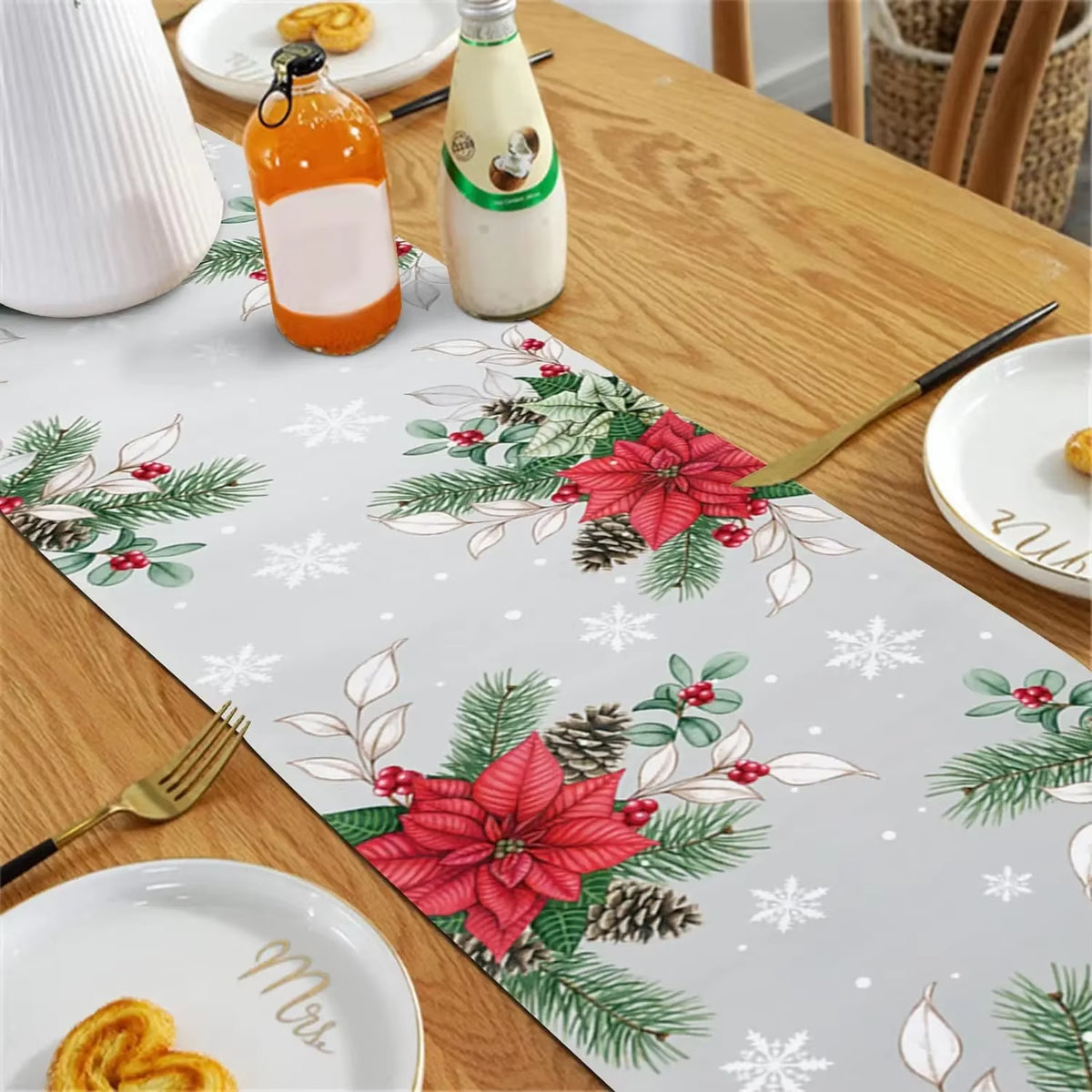 Christmas Poinsettia Linen Table Runners 