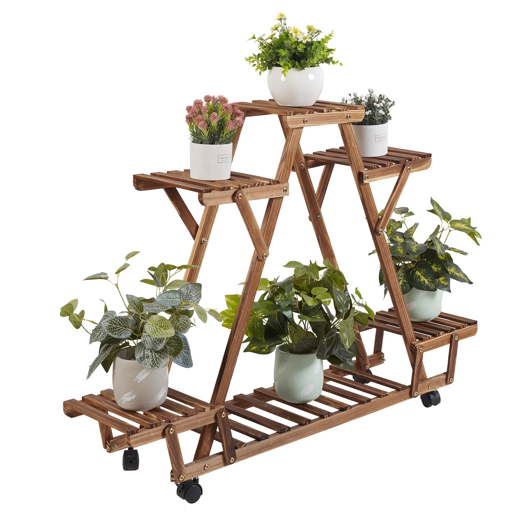Triangular Plant Shelf 6 Potted Carbonized Wood Plant Holder Flower Pot Stand